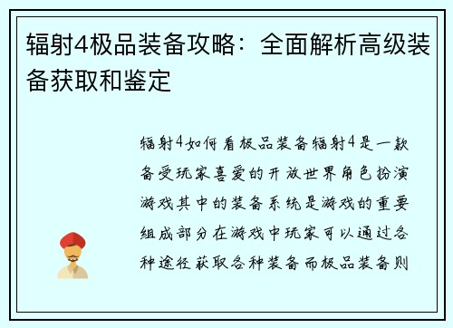 辐射4极品装备攻略：全面解析高级装备获取和鉴定