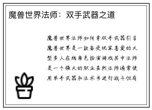 魔兽世界法师：双手武器之道