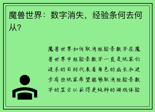 魔兽世界：数字消失，经验条何去何从？